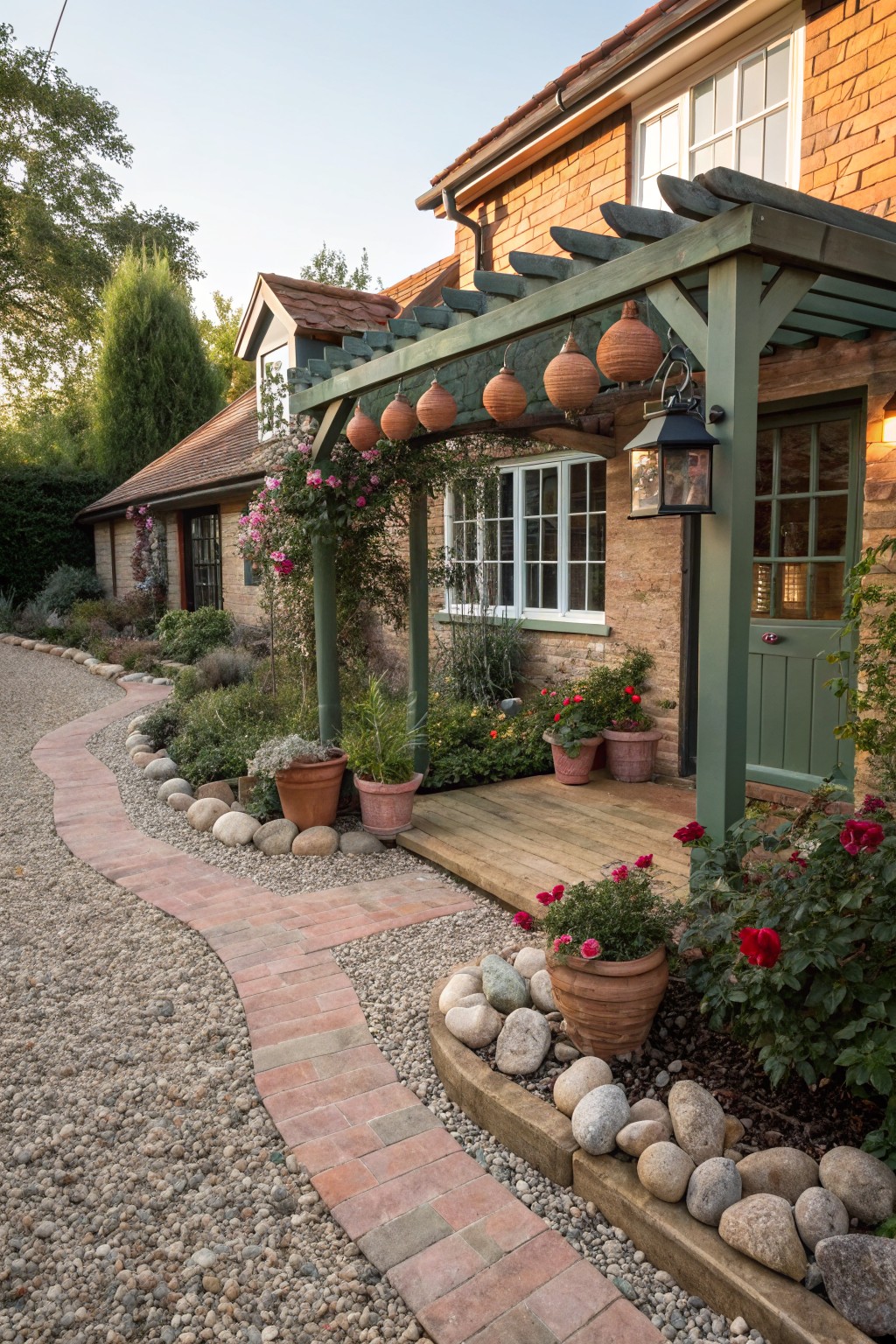 Curved brick pathway edged with rounded rocks, gravel, and plants leading to a wooden pergola and green front door on a brick house with flower beds and potted plants.