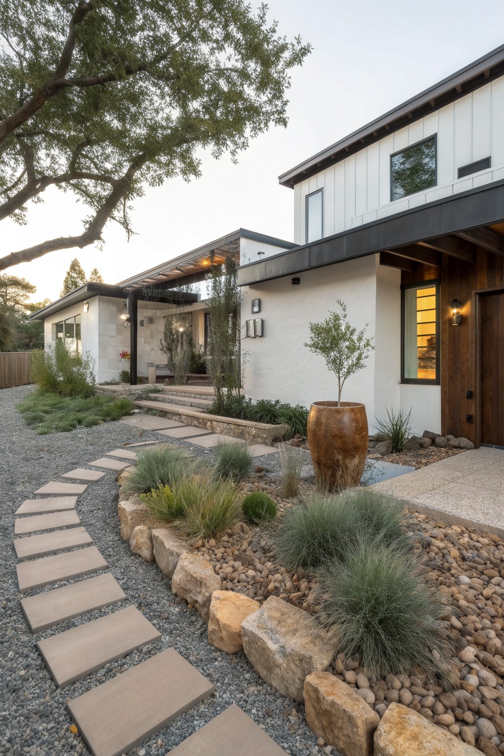 Modern house with white siding and wood entry door, shown from the front yard with a curved gray concrete paver path through gravel bordered by rocks, grasses, small trees, and a large terracotta pot.