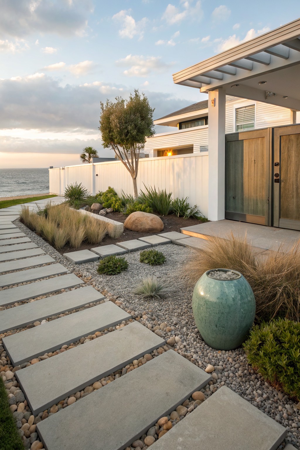 Front yard pathway of large rectangular concrete pavers set into white gravel, bordered by grasses, small shrubs, boulders, and rocks, leading toward a white modern house fence and entry gate with ocean and palm trees in the background at dusk.