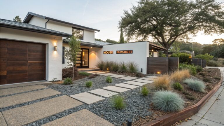 Modern house with white siding and wood entry door, shown from the front yard with a curved gray concrete paver path through gravel bordered by rocks, grasses, small trees, and a large terracotta pot.