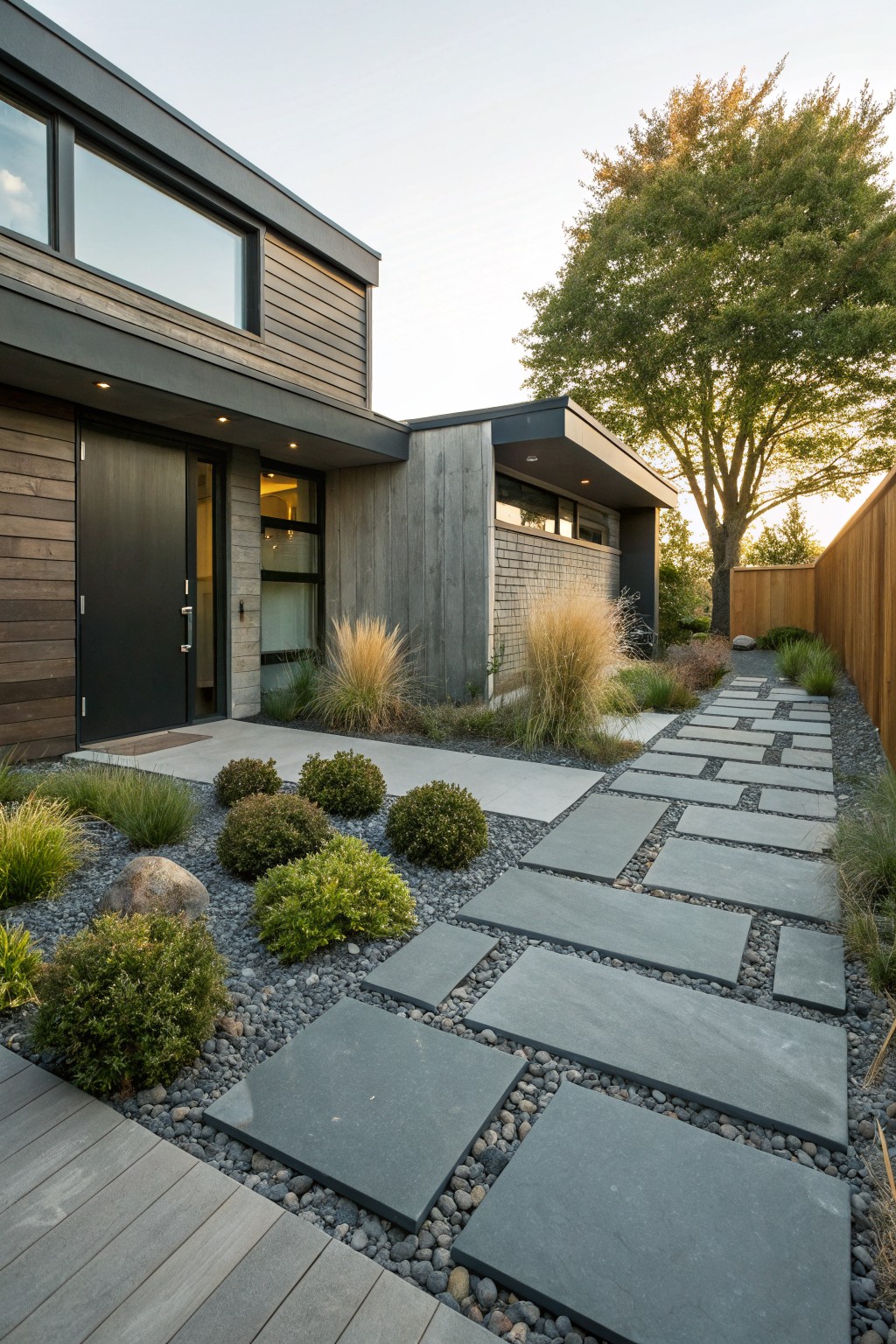 Modern house entry with black door flanked by wood and concrete siding, approached by irregular gray slate stepping stones set into dark gravel with ornamental grasses, shrubs, and rocks along the path.