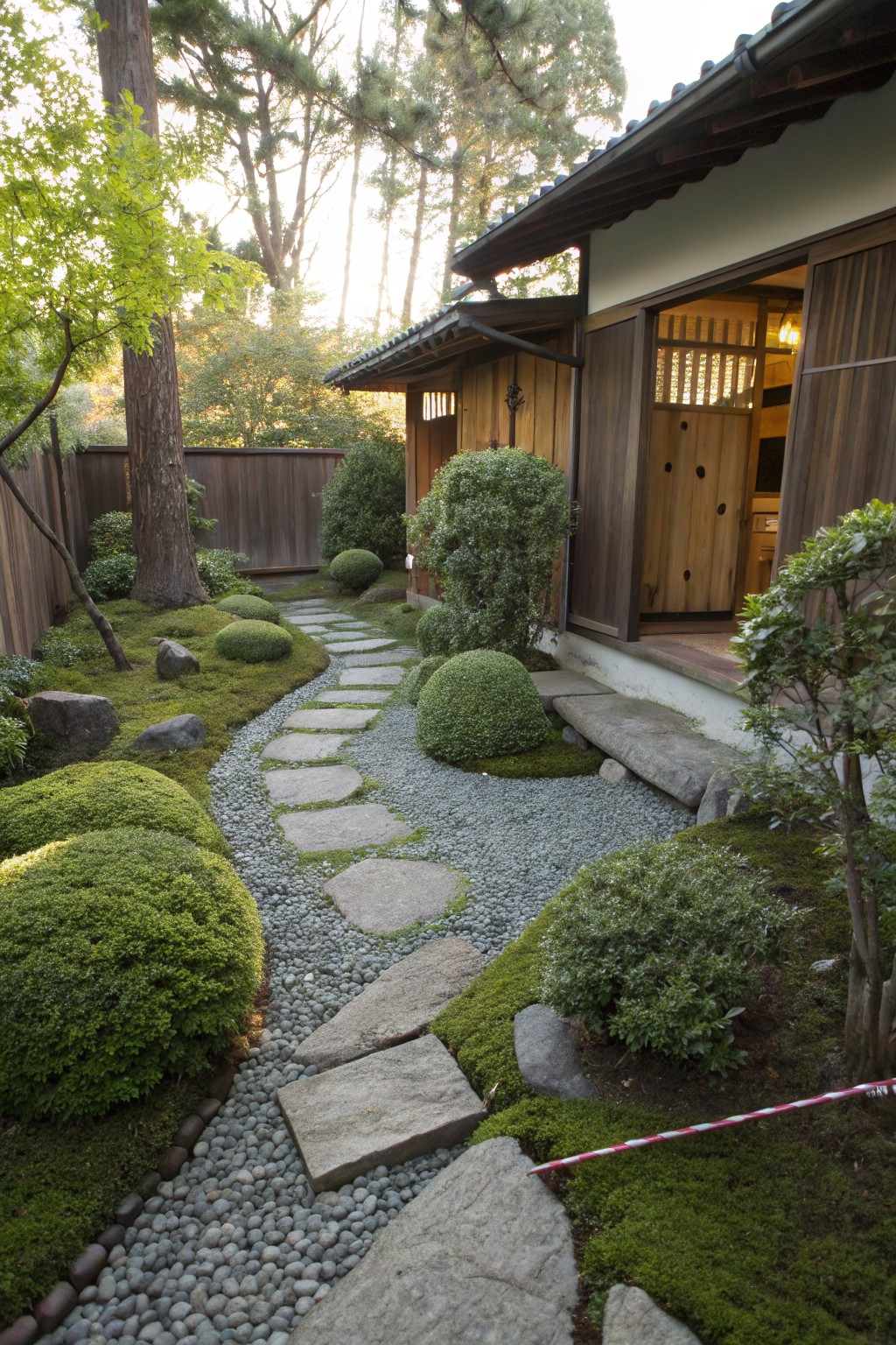 A winding path of irregular flat stepping stones set in pea gravel winds through a landscaped garden with moss, boulders, spherical clipped shrubs, and pine trees toward the open wooden entry doors of a shingled house.