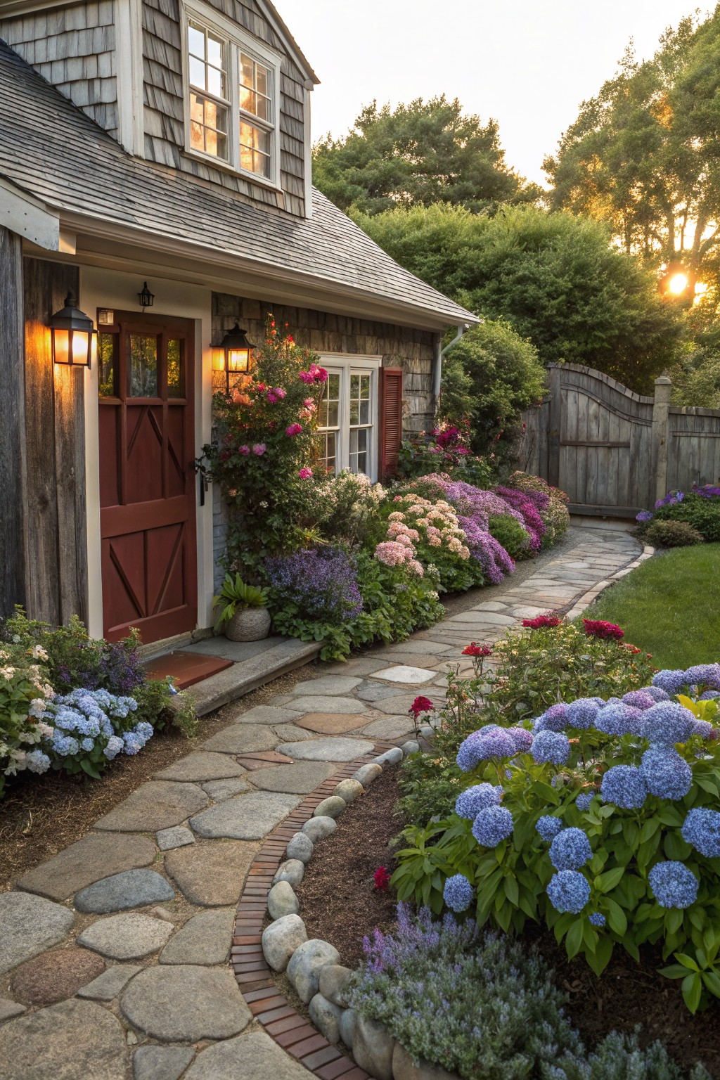 Shingled cottage house with red barn-style door, lantern lights, colorful flower beds of hydrangeas and perennials bordering a curving flagstone path edged in rocks and bricks, surrounded by trees and fence at sunset.