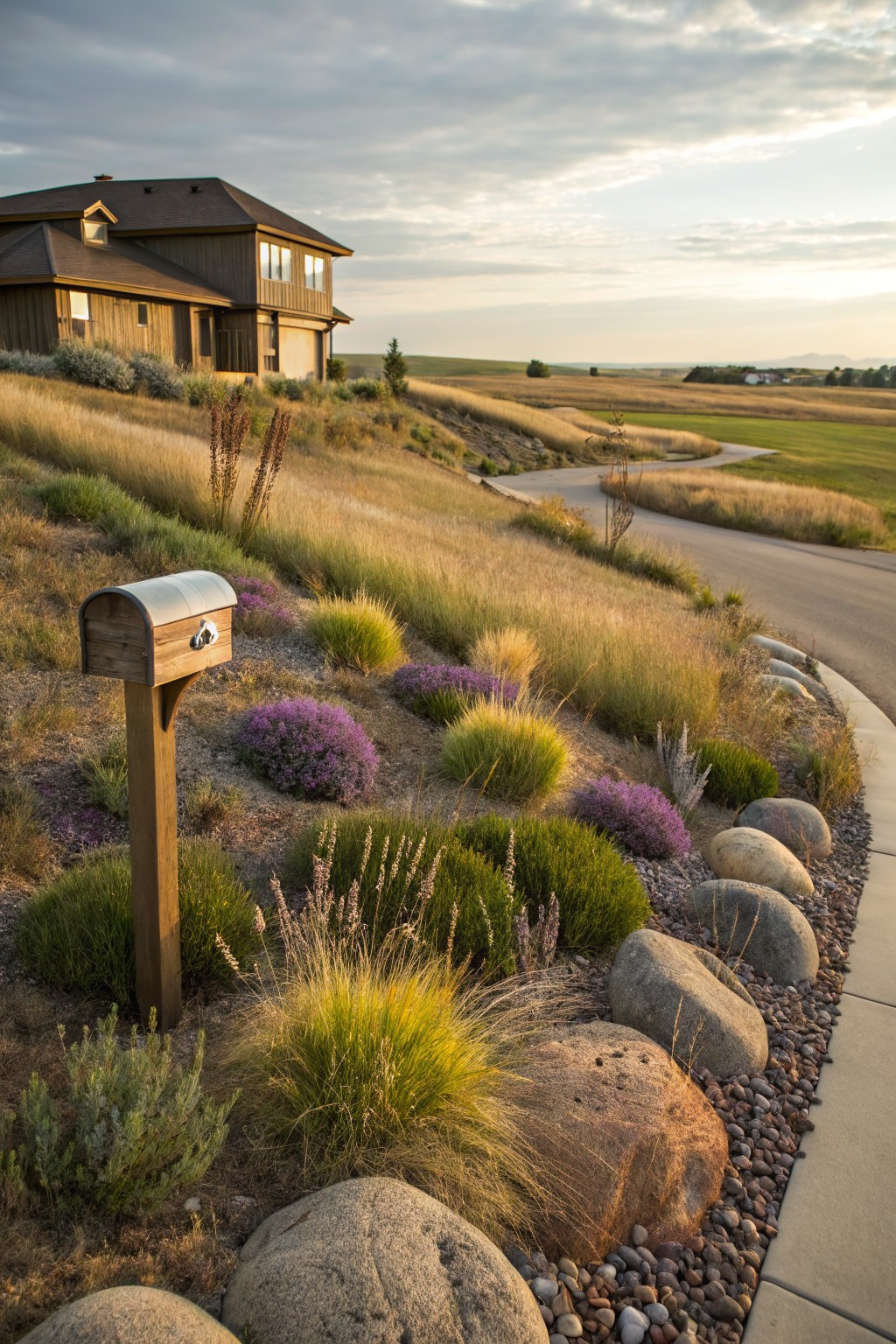 Wooden mailbox post in a sloped front yard bed edged with large round boulders, ornamental grasses, lavender shrubs, and gravel along a concrete curb and curved asphalt road, with a brown house uphill and fields in the background at dusk.