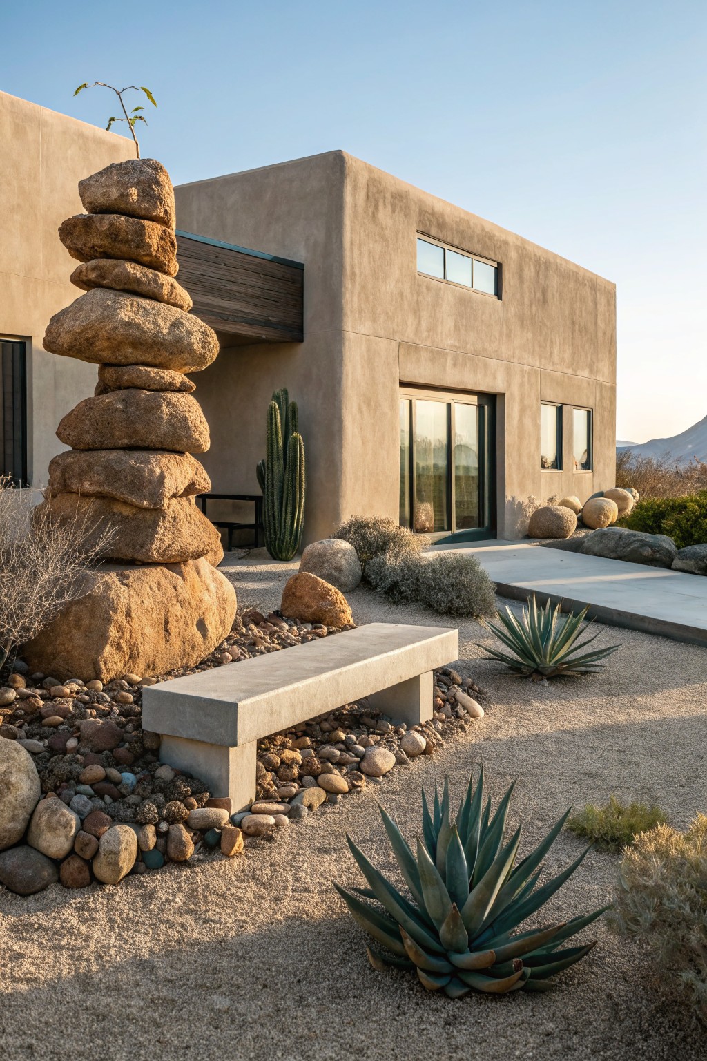 Stucco house exterior with a tall vertical stack of large boulders next to the entry, surrounded by gravel mulch, agave plants, saguaro cactus, scattered rocks, and a concrete bench in a desert landscape.