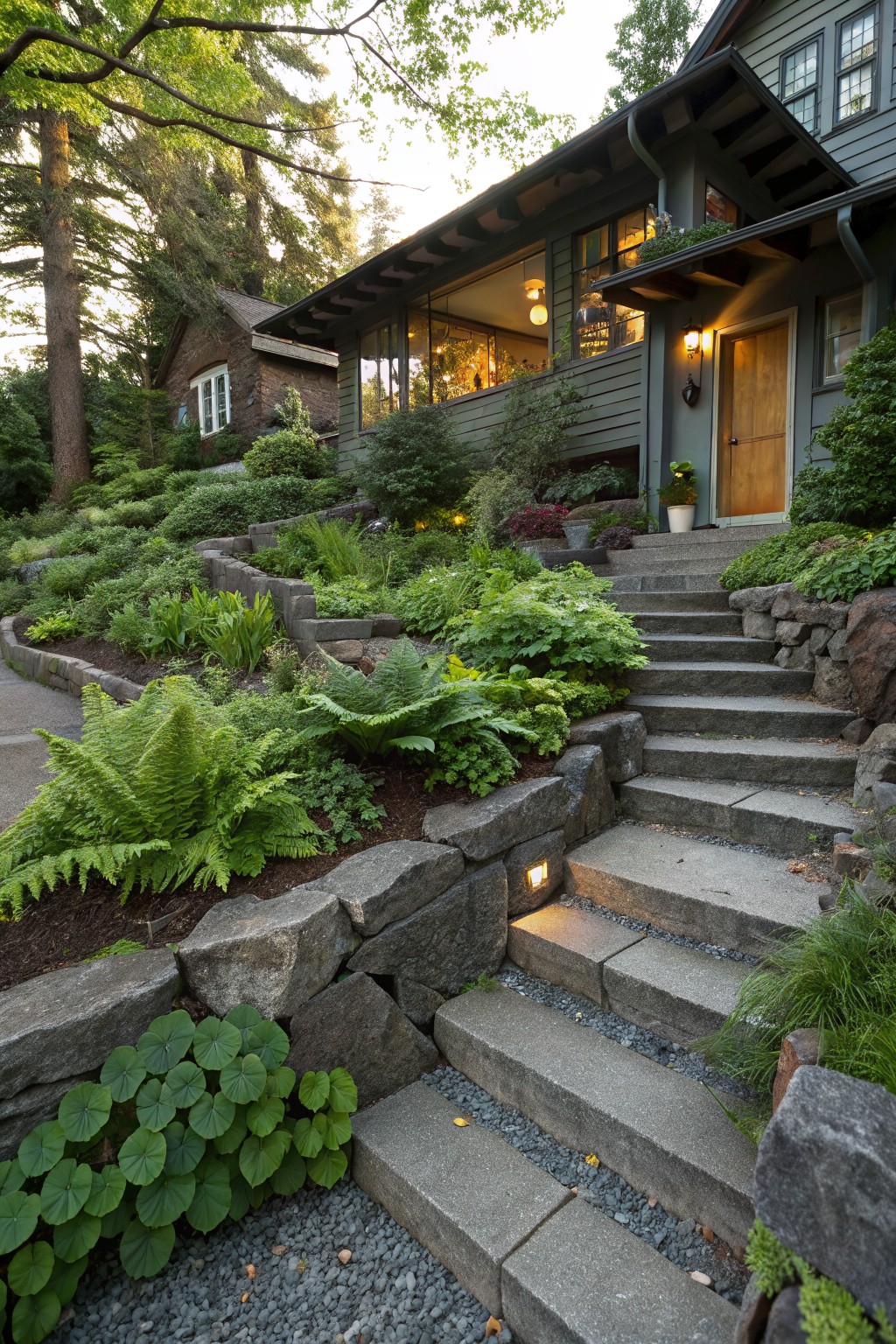 Sloped front yard with gray concrete steps flanked by stone retaining walls, lush green ferns and plants, leading to the wooden door of a gray shingled house.