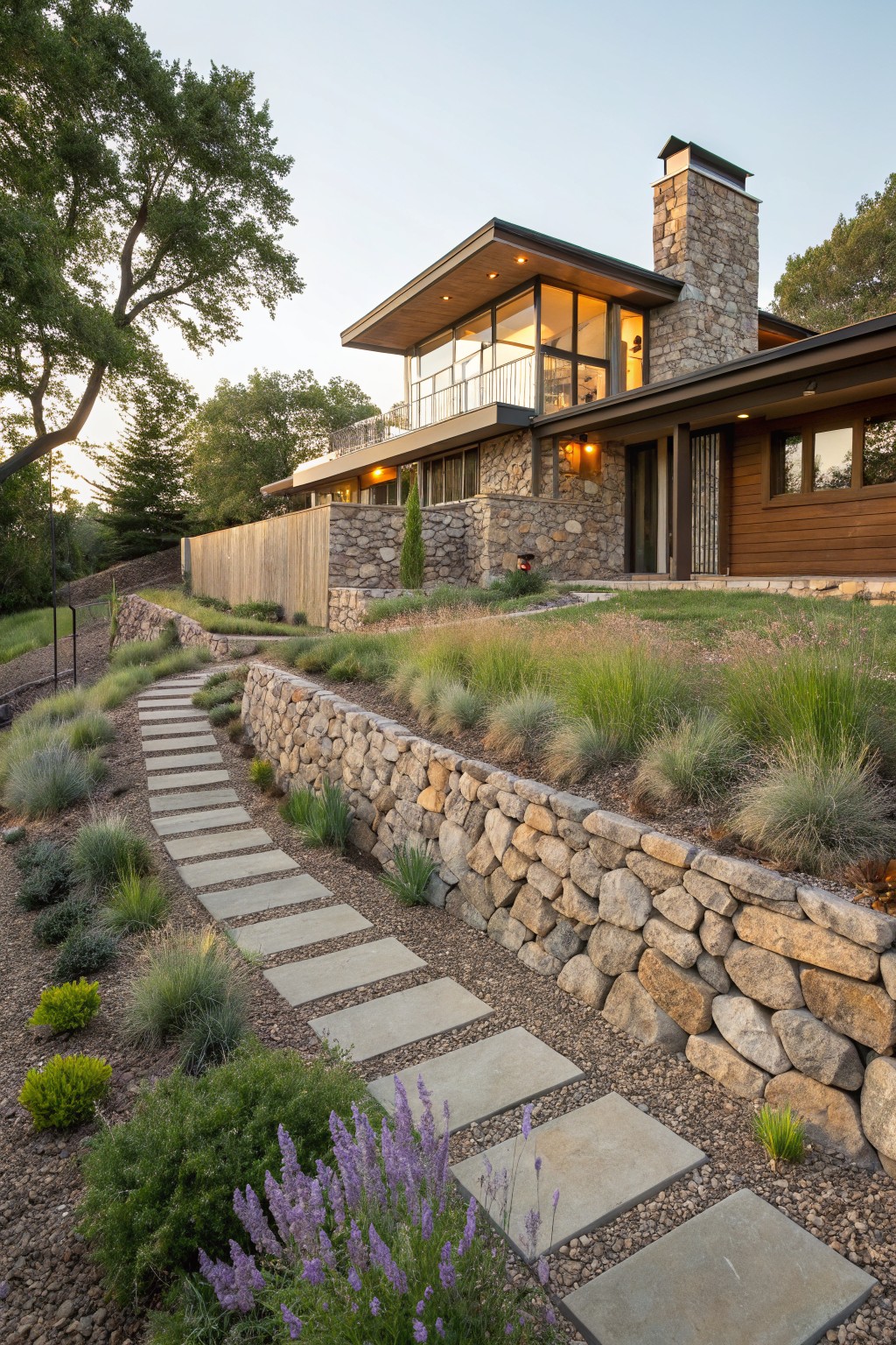 Modern house on a sloped lot with dry-stacked stone retaining walls terracing the front yard, a winding pathway of rectangular concrete pavers through grasses and shrubs leading uphill to the entry.