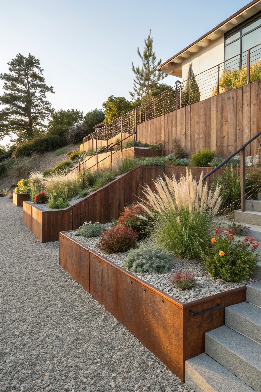 Sloped yard with terraced corten steel raised planters filled with ornamental grasses, succulents, and shrubs, gravel paths, metal railings, wooden fences, pine trees, and stairs leading to a modern house.