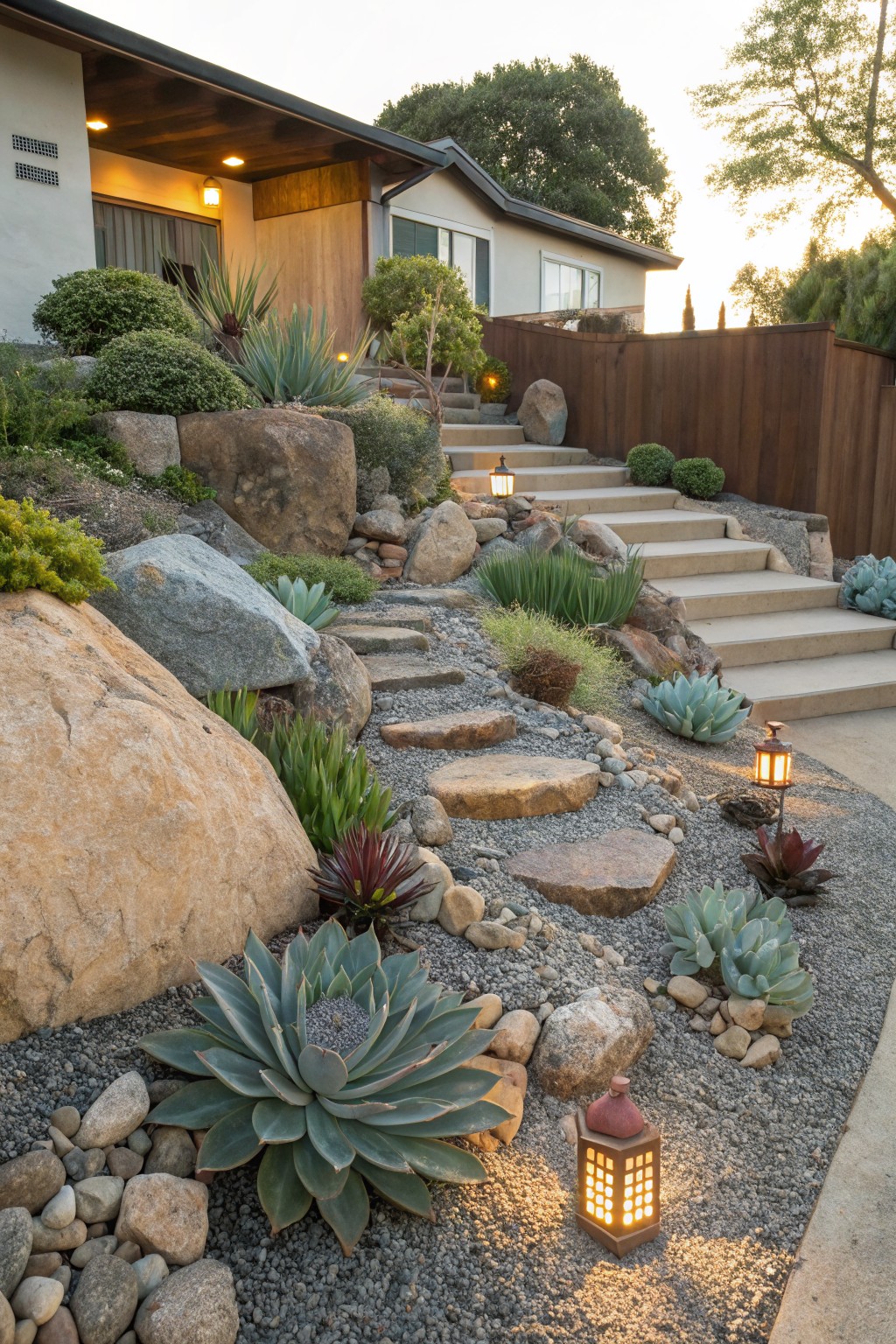 Sloped front yard landscaping with large boulders, gravel mulch, succulents including agave, flat stone stepping path, concrete stairs, wooden lantern lights, and a modern house entry at dusk.