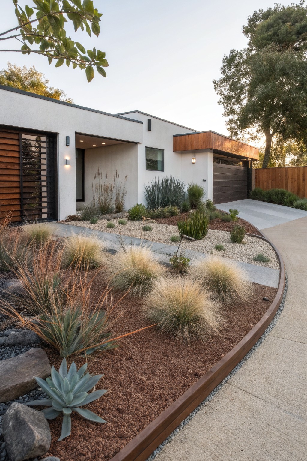 Modern white stucco house with slatted wood entry door, brown wood garage door, and curved driveway edged by planting bed of ornamental grasses, agave plants, rocks, and gravel mulch.