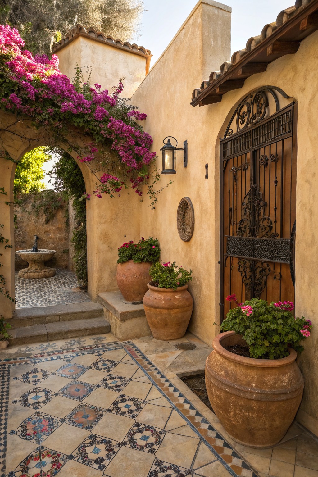 Stucco courtyard with arched wrought-iron gate, tiled patio floor, large terracotta pots with plants, bougainvillea vines on walls and archway, stone fountain, and potted flowers.