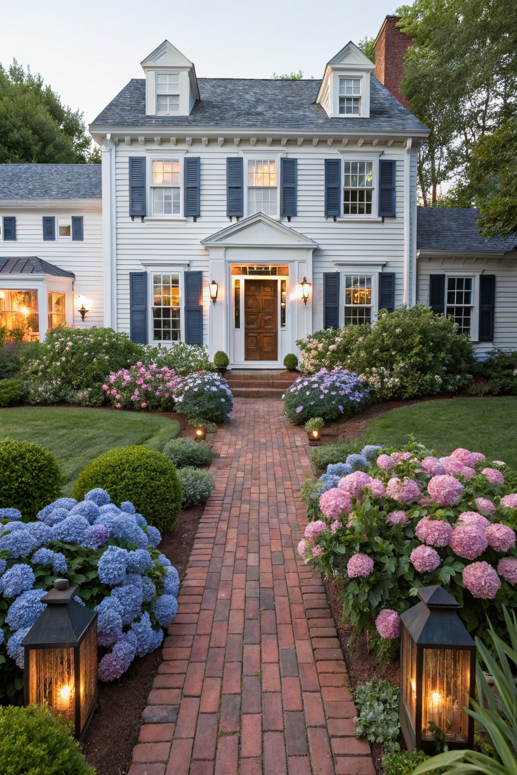 White shingle-style house with brick pathway lined on both sides by blooming blue and pink hydrangea bushes, flanked by boxwoods and lawn, lanterns along the path at evening light.