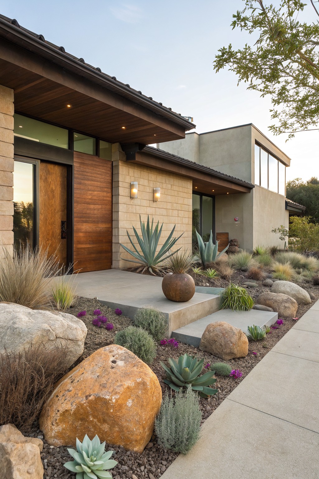 Modern house exterior with stucco walls, wooden entry door, and glass windows, featuring front yard landscaping of large boulders, agave plants, succulents, grasses, and purple flowers along concrete steps and path.