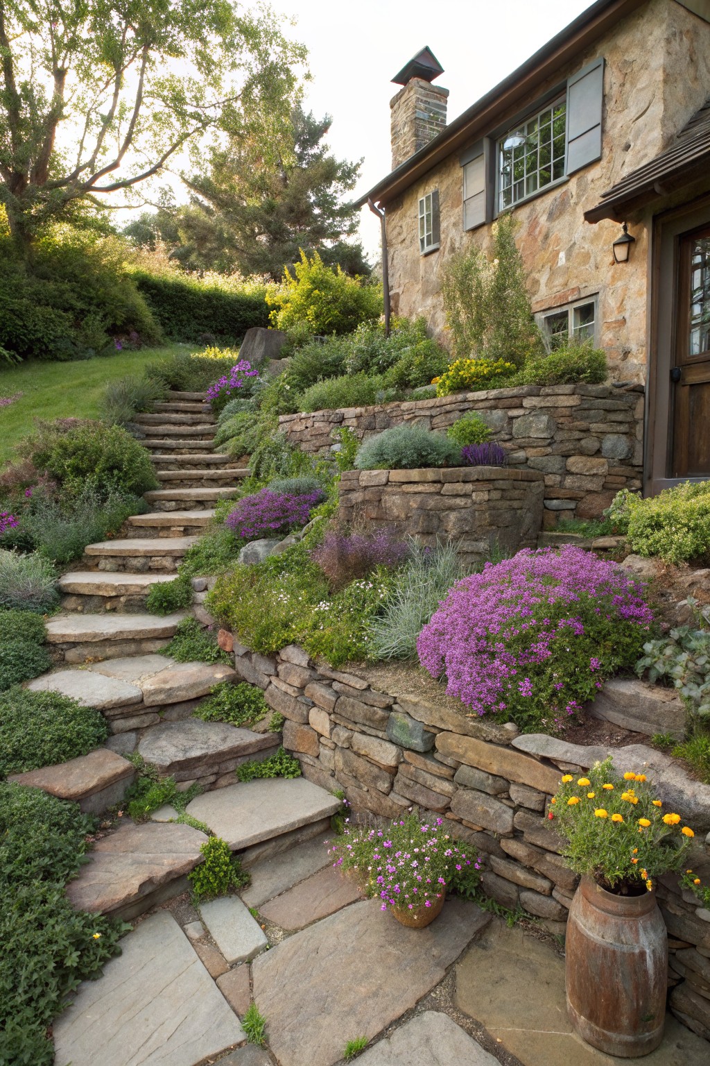 Sloped front yard featuring irregular wide stone steps ascending through terraced dry-stone retaining walls densely planted with colorful flowers, shrubs, and perennials, leading to the entry of a stone house.