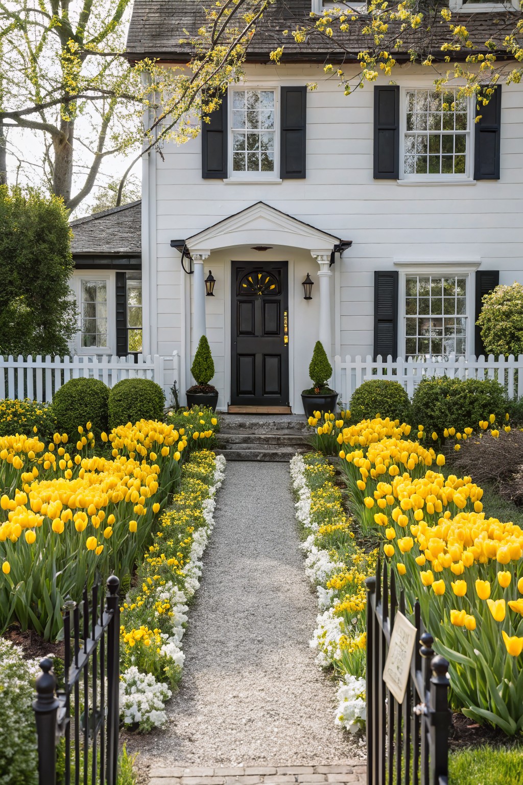 White clapboard house with black shutters and front door, front yard featuring a central gravel pathway lined on both sides by dense yellow tulips and white edging flowers, with boxwood shrubs, potted plants, a black iron gate, and white picket fence.
