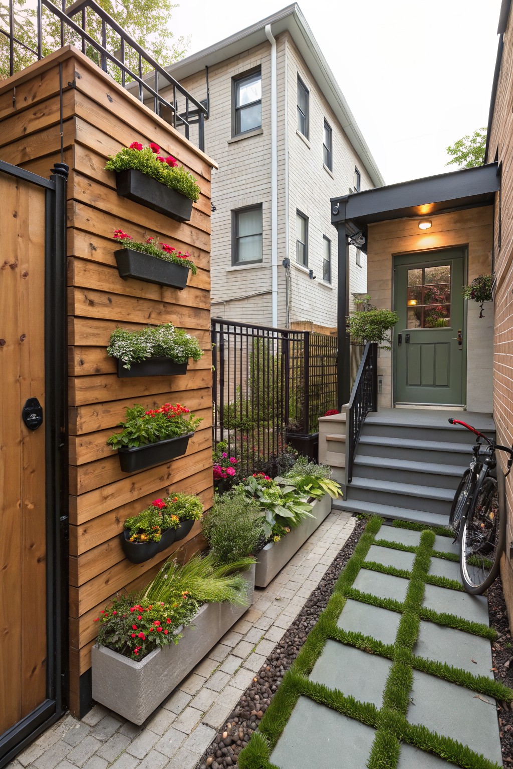 Narrow outdoor pathway with a tall wooden fence covered in multiple vertical black planters filled with red geraniums, white flowers, and greenery, leading to a green door with steps, stone pavers with grass inlays, and a bicycle parked nearby.