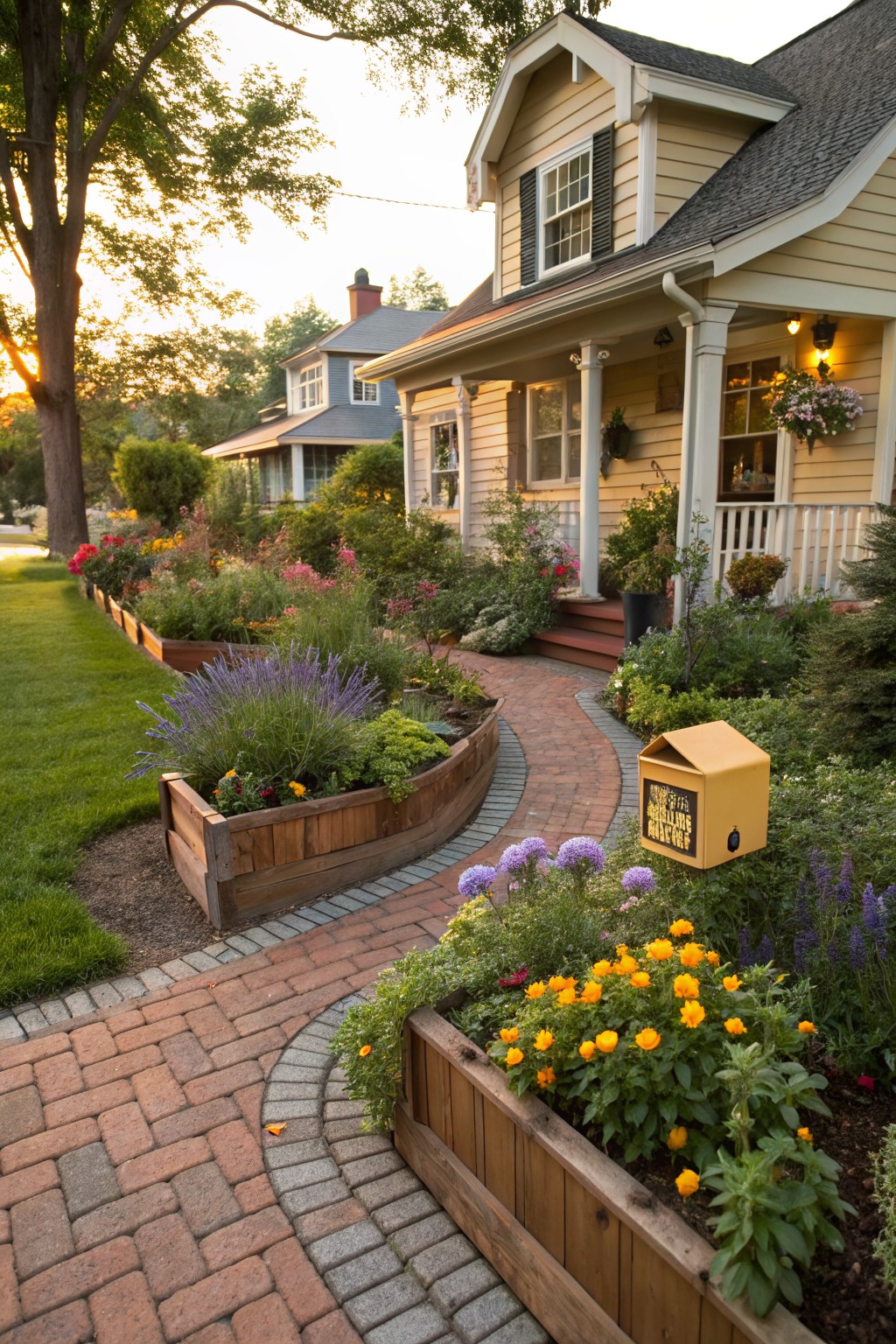 Curved red brick pathway leading to the front porch of a yellow clapboard house, bordered by wooden raised planters filled with flowers including lavender, marigolds, and ageratum, with a yellow mailbox nearby and lush garden beds along the lawn edge.