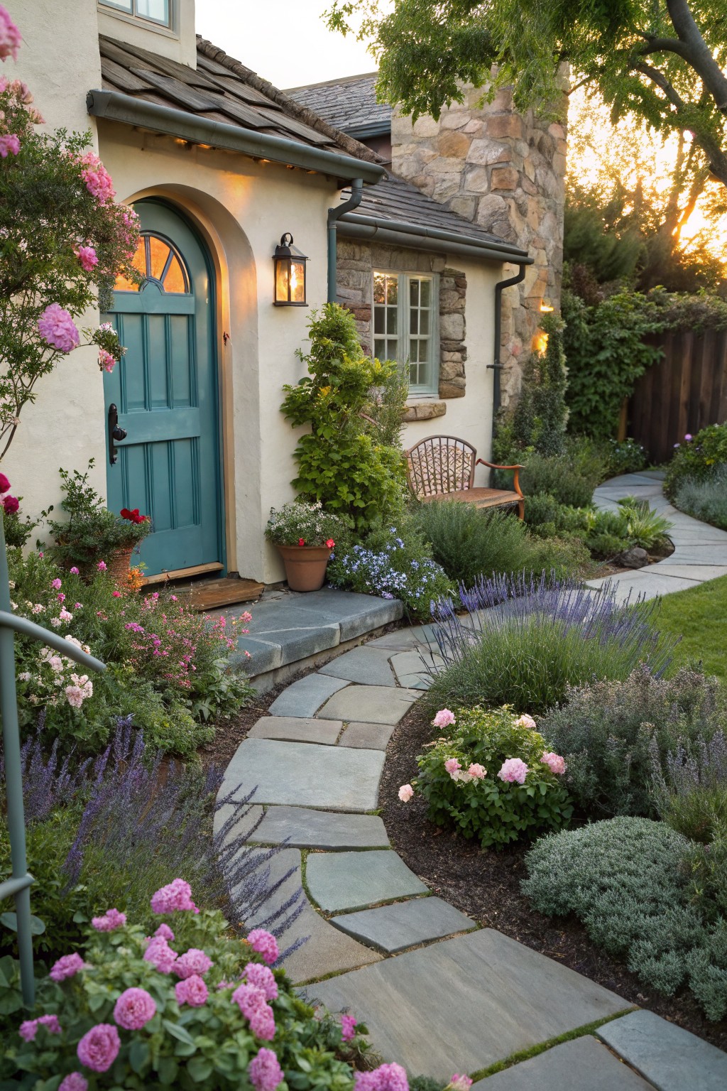 Charming pathway bordered by flowers, leading to a teal door and stone house.