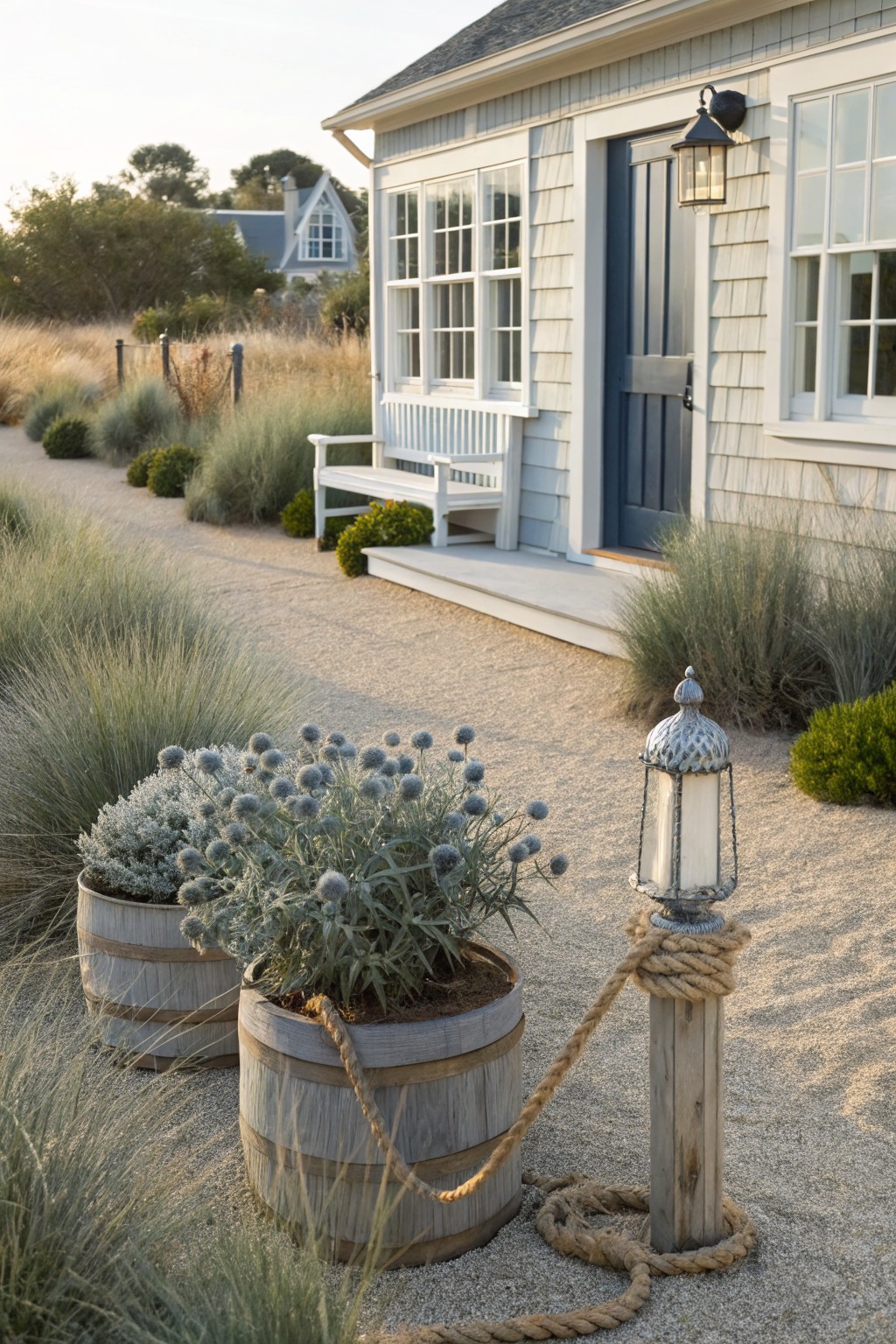 Gravel pathway edged with ornamental grasses leading to a gray shingled house with blue front door, two weathered wooden barrel planters with blue-flowered silvery plants, nautical rope-wrapped post with lantern, and bench on porch.