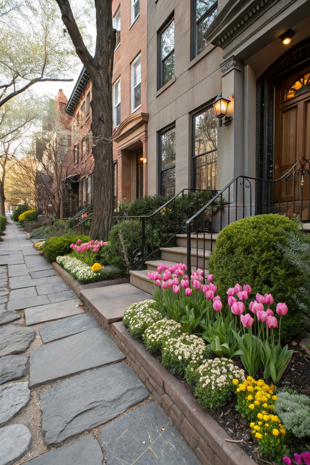 Tree-lined urban street with brownstone row houses, bluestone sidewalk edged by flower beds of pink tulips, white alyssum, yellow flowers, and green shrubs leading to front steps with black railings.
