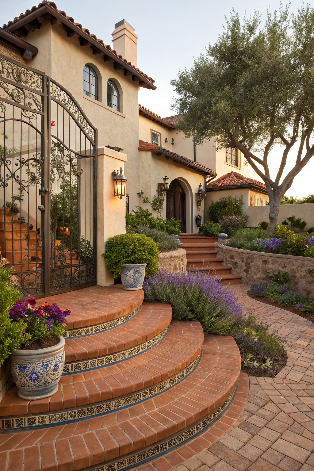 Spanish-style house front with wrought-iron gate, curved terracotta steps edged by colorful flower pots, lavender plants, and garden beds.