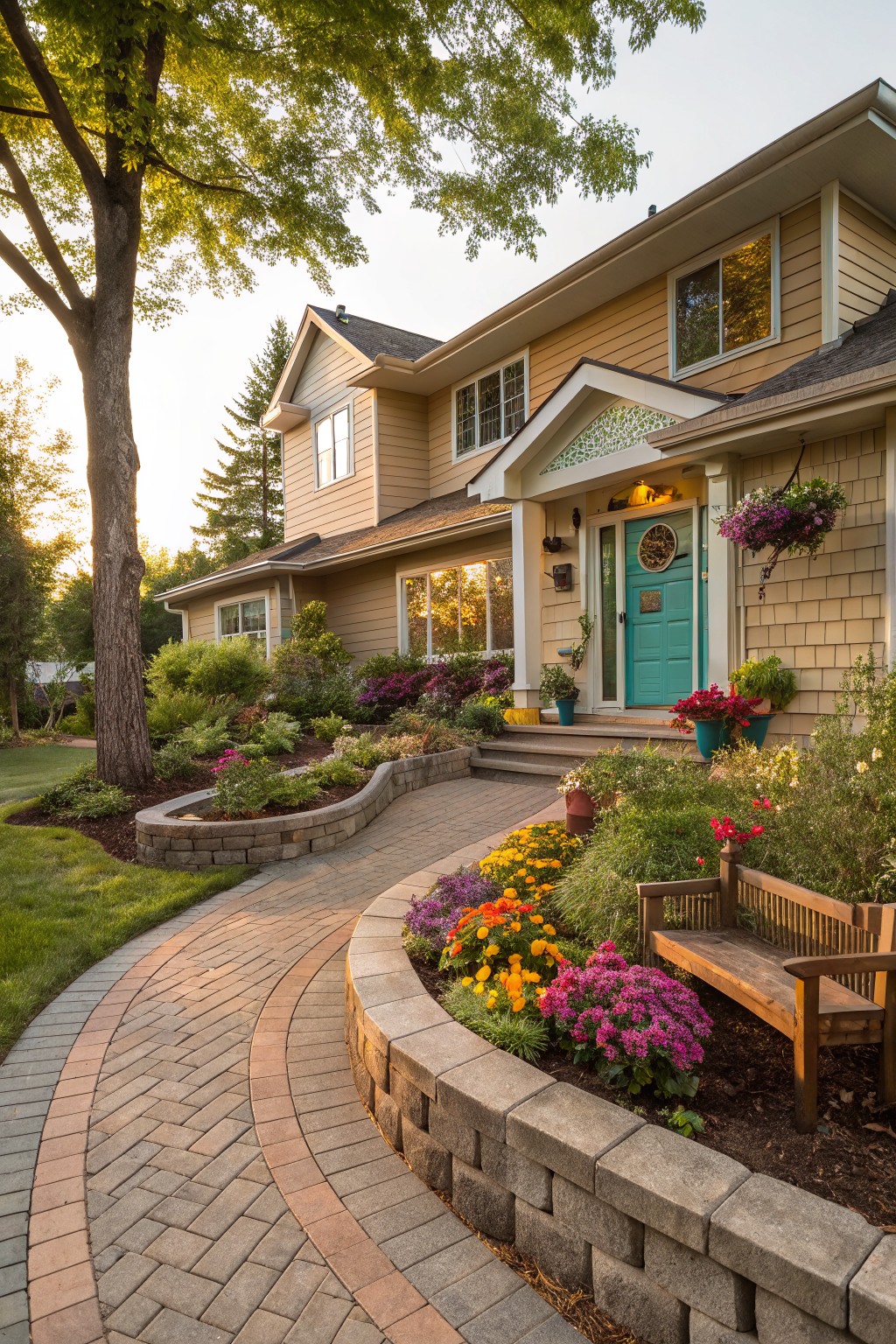 Beige shingled house with teal front door and porch light, approached by curved brick paver pathway lined with curved stone retaining walls filled with colorful flowers including orange marigolds, pink mums, and potted plants, plus a wooden bench in the landscaped front yard.
