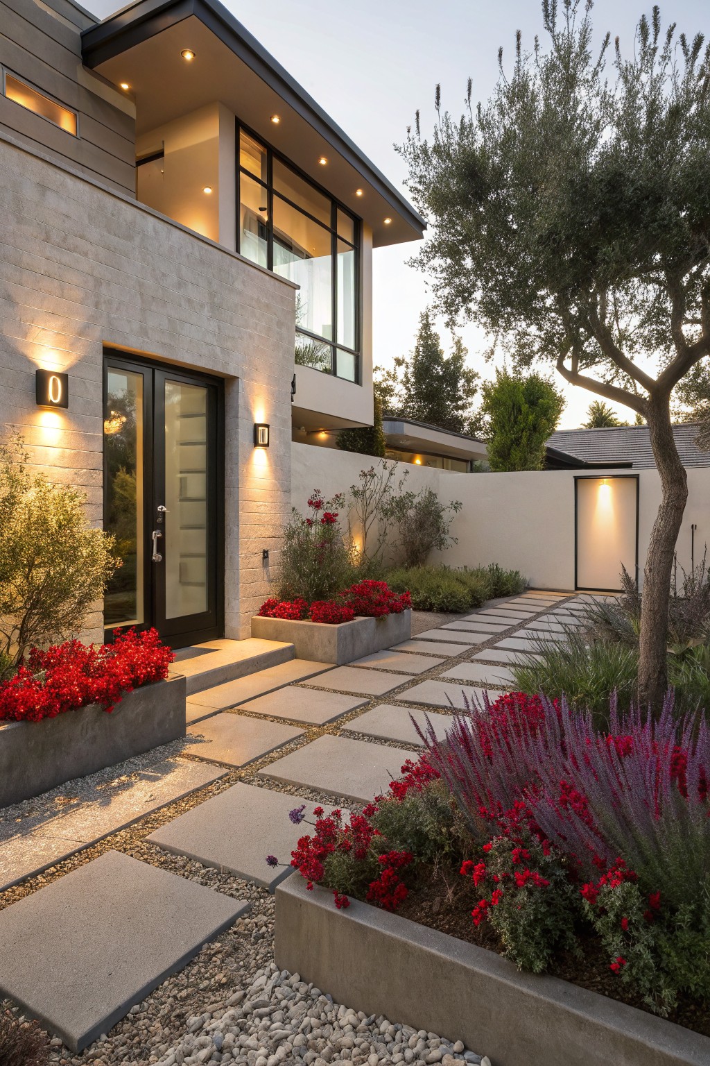 Modern stucco house entrance with black-framed glass door, flanked by large concrete planters filled with red geraniums, a stone paver pathway, lavender shrubs, olive tree, and white stucco walls.
