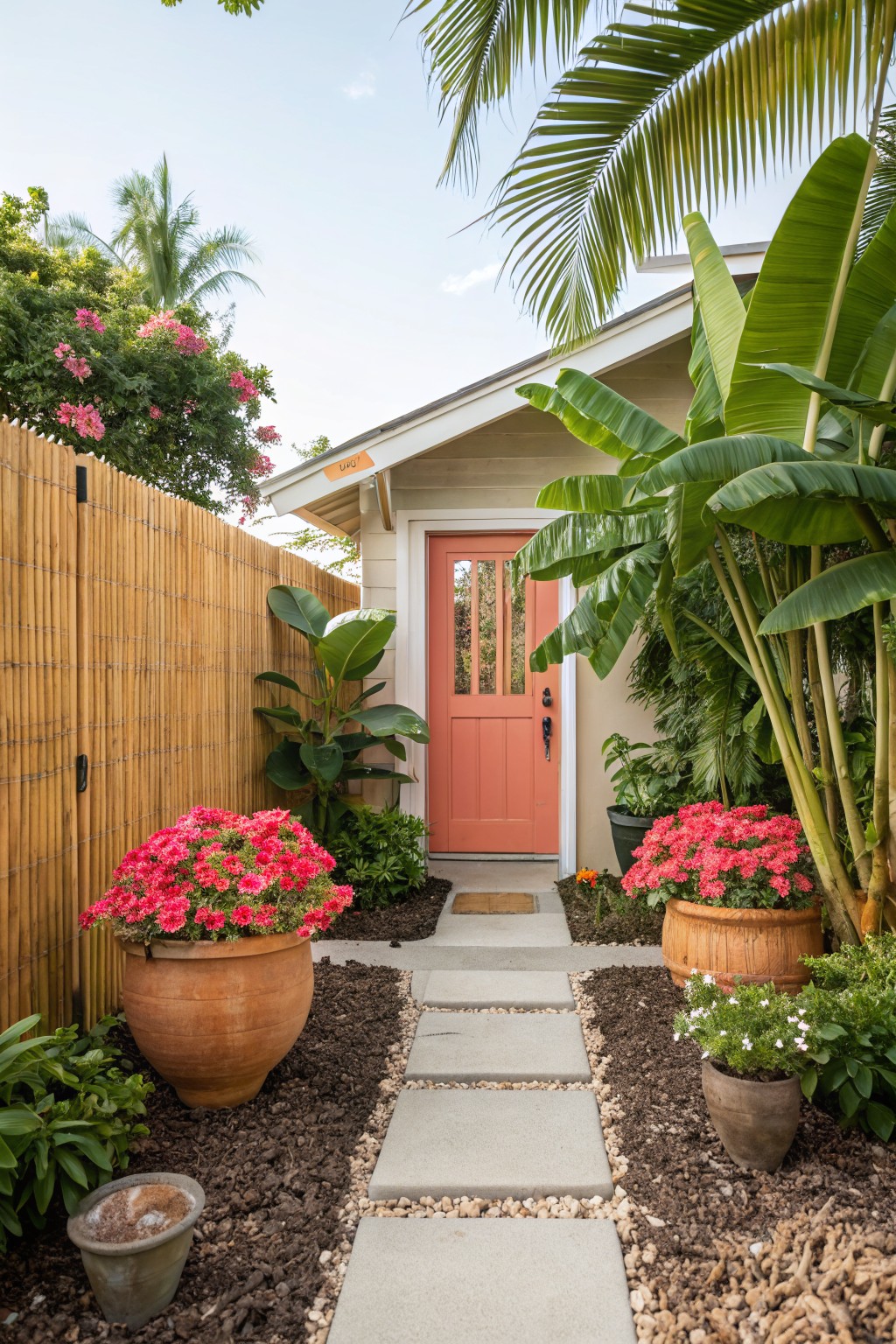 Coral front door with glass panels at the end of a gray stone path flanked by large terracotta pots of pink flowers, surrounded by tropical plants, banana trees, and a bamboo fence.