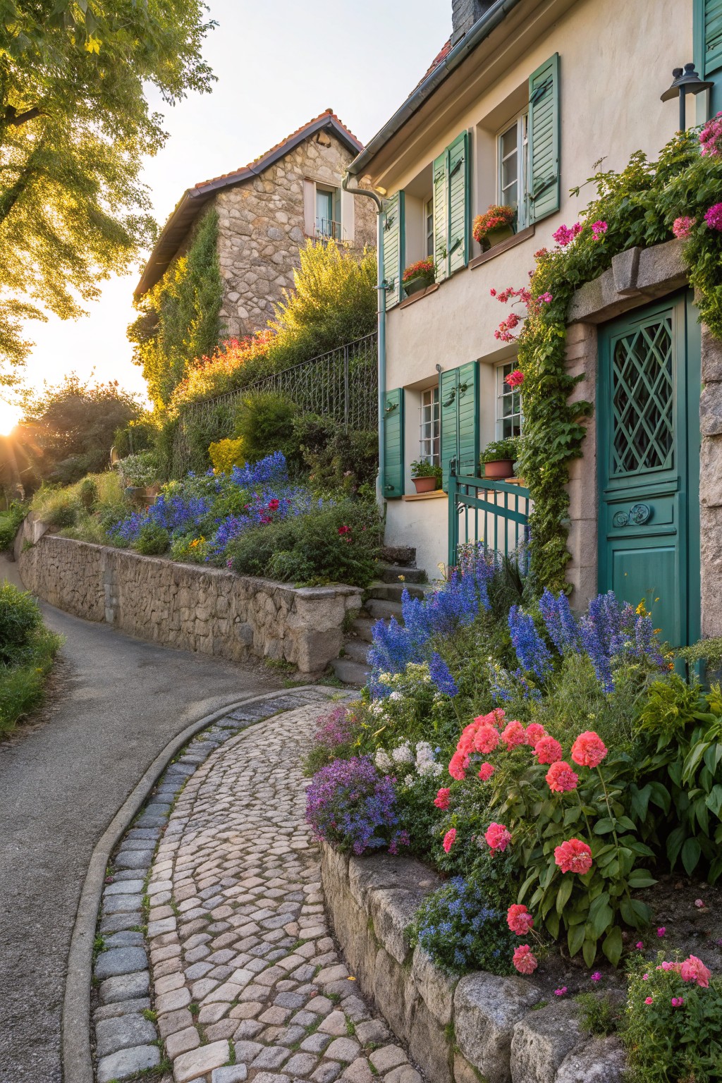 A narrow cobblestone path curves alongside a stone wall topped with dense beds of blue, pink, and red flowers, next to beige stucco houses with green shutters and climbing vines in golden evening light.