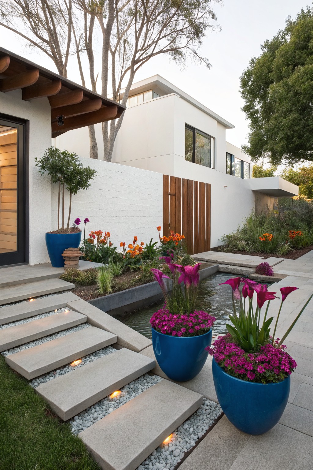 Modern house entrance with stepped concrete pathway lit from below, edged in gravel and flanked by raised flower beds with orange tulips and purple flowers, a narrow rectangular pond with pink lilies, and two large blue pots filled with pink blooms.