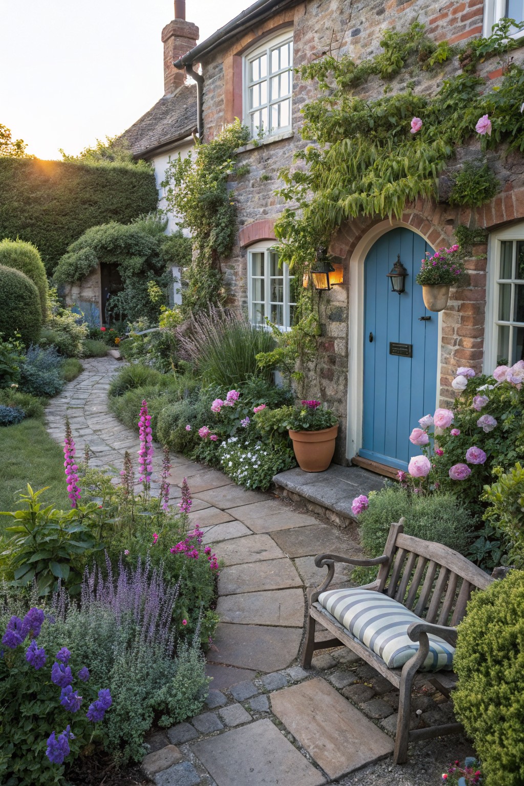 Stone pathway curves through garden beds filled with pink foxgloves, purple delphiniums, pink roses, and green shrubs leading to a blue arched front door on a brick and stone cottage house.