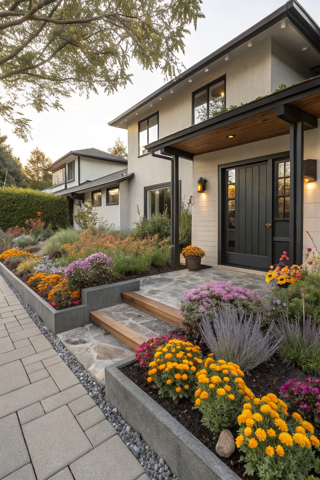 Front exterior of a modern stucco house with a paved walkway edged by tall gray concrete raised planters overflowing with orange marigolds, purple asters, lavender, and grasses, leading to wooden steps and a black front door.