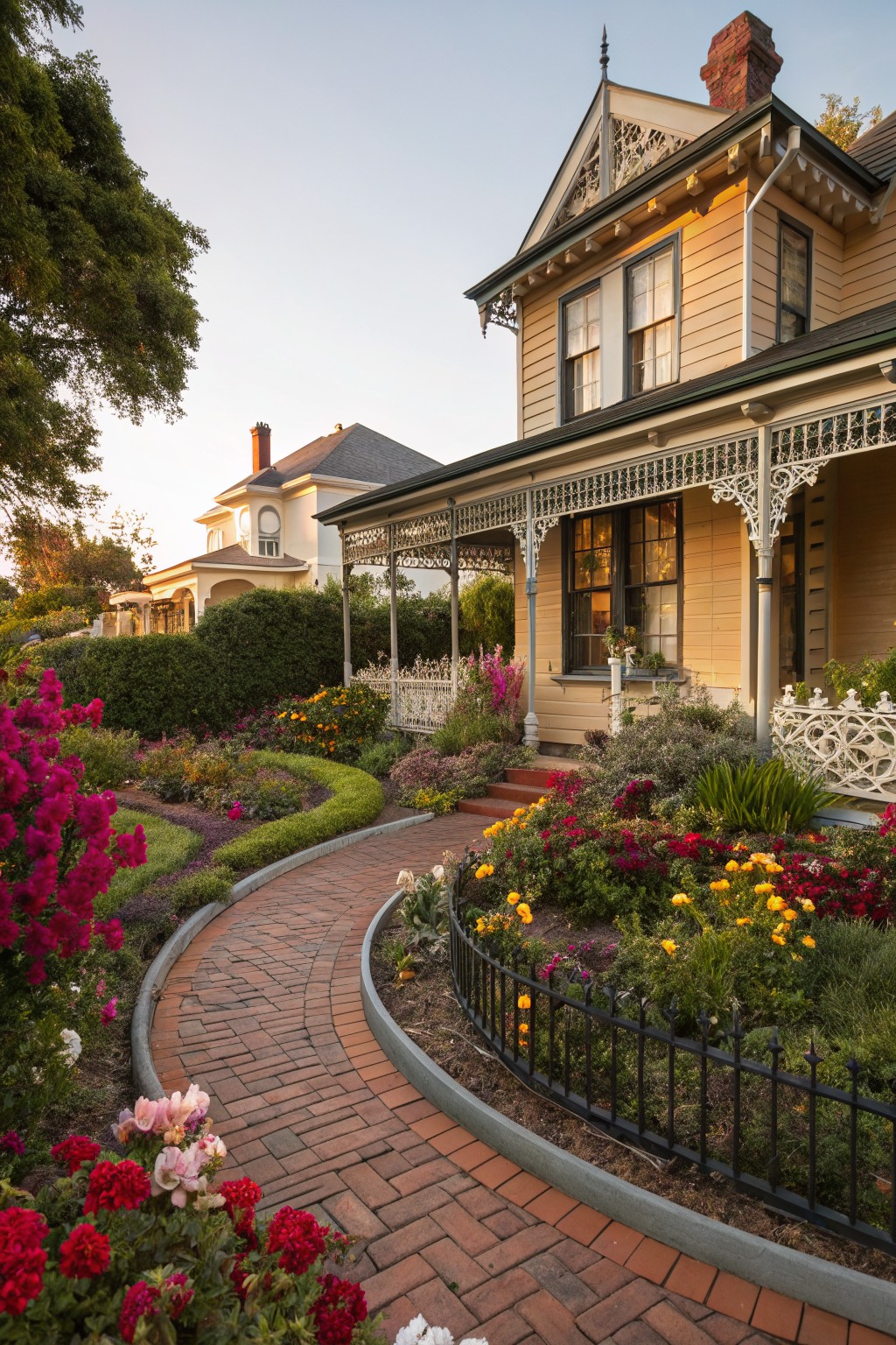Curving red brick pathway bordered by black iron fence and dense flower beds with pink, red, orange, and yellow blooms leading to a beige Victorian house with white trim, ornate porch, and another white house in the background at dusk.