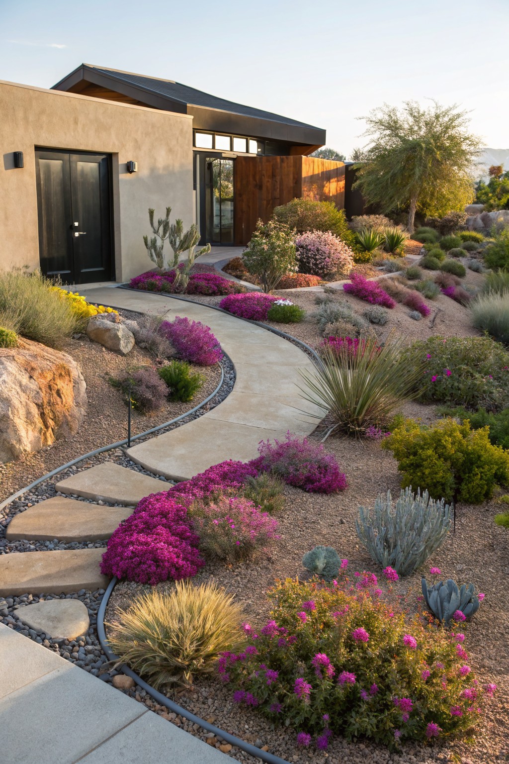 A curving concrete pathway edged with pink flowering groundcovers, succulents, agaves, boulders, and gravel leading to the entrance of a modern stucco house in a desert landscape.