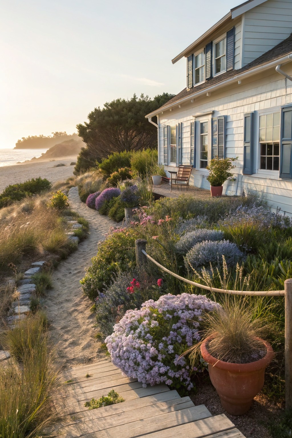White shingled beach house with blue shutters and a deck, beside a sandy beach and ocean, with a winding stone and sand path edged by grasses, lavender bushes, pink flowering shrubs, and potted plants.