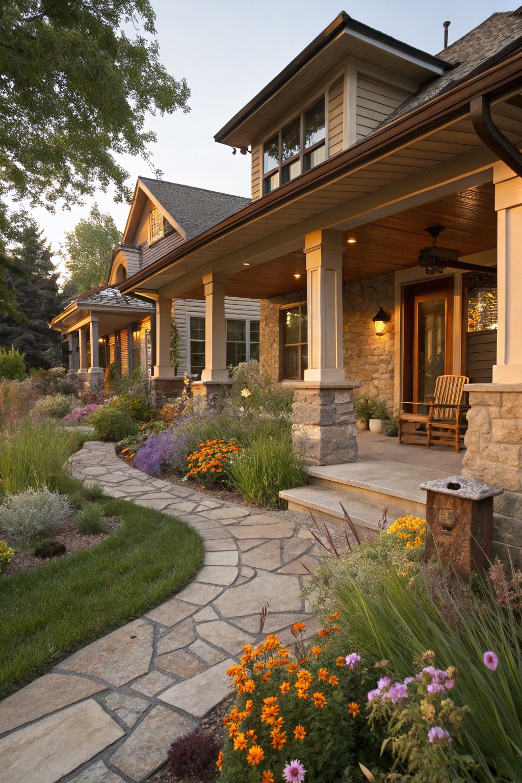 Beige craftsman-style house with covered porch and stone pillars, featuring a curved flagstone walkway through layered flower beds with orange, pink, and purple blooms plus grasses, bordered by lawn and trees.