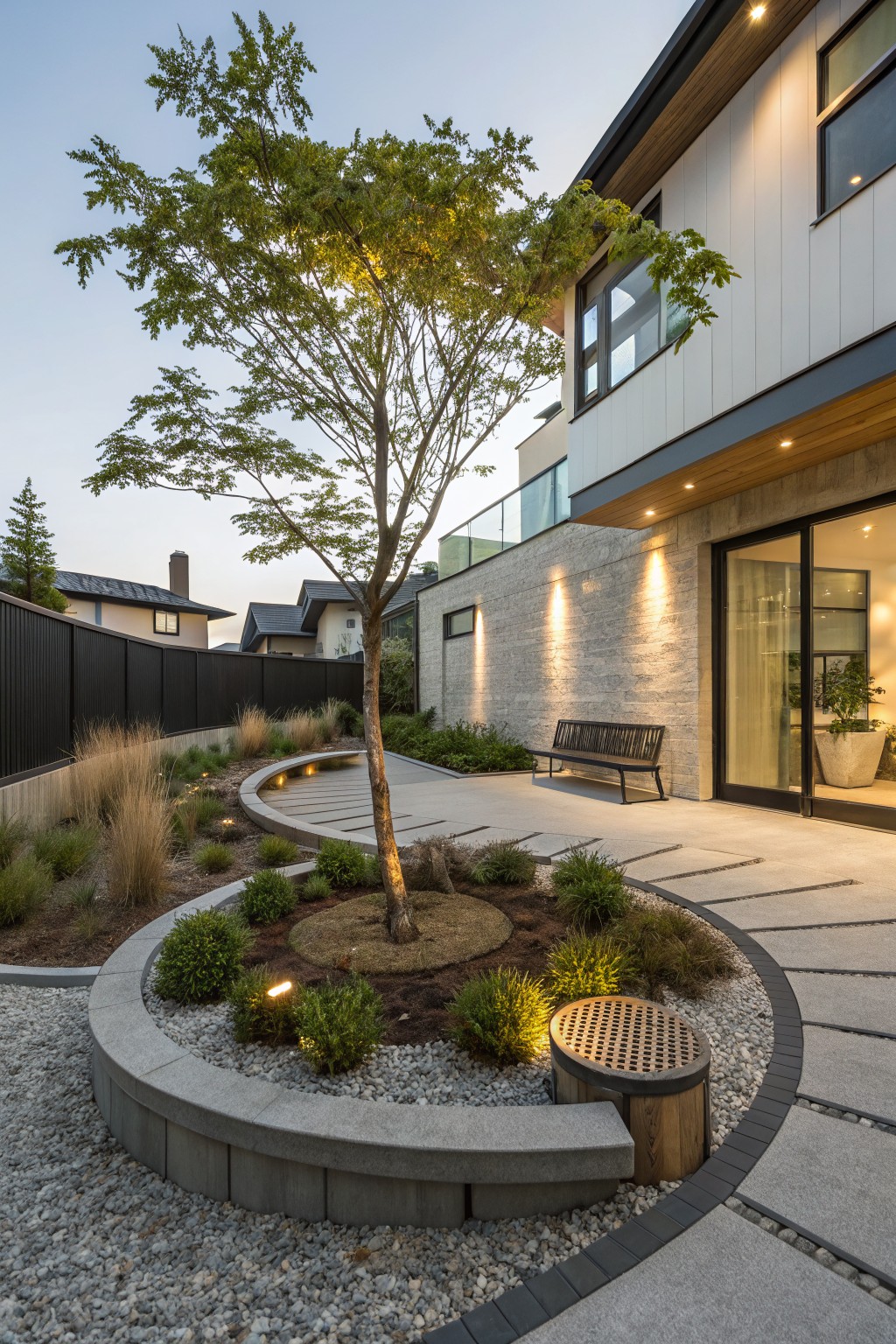 Backyard landscaping with a central tree in a circular raised concrete bed surrounded by gravel, low shrubs, and ornamental grasses, a curved concrete path with embedded lights leading to a black metal bench near glass sliding doors on a modern stucco and stone house.