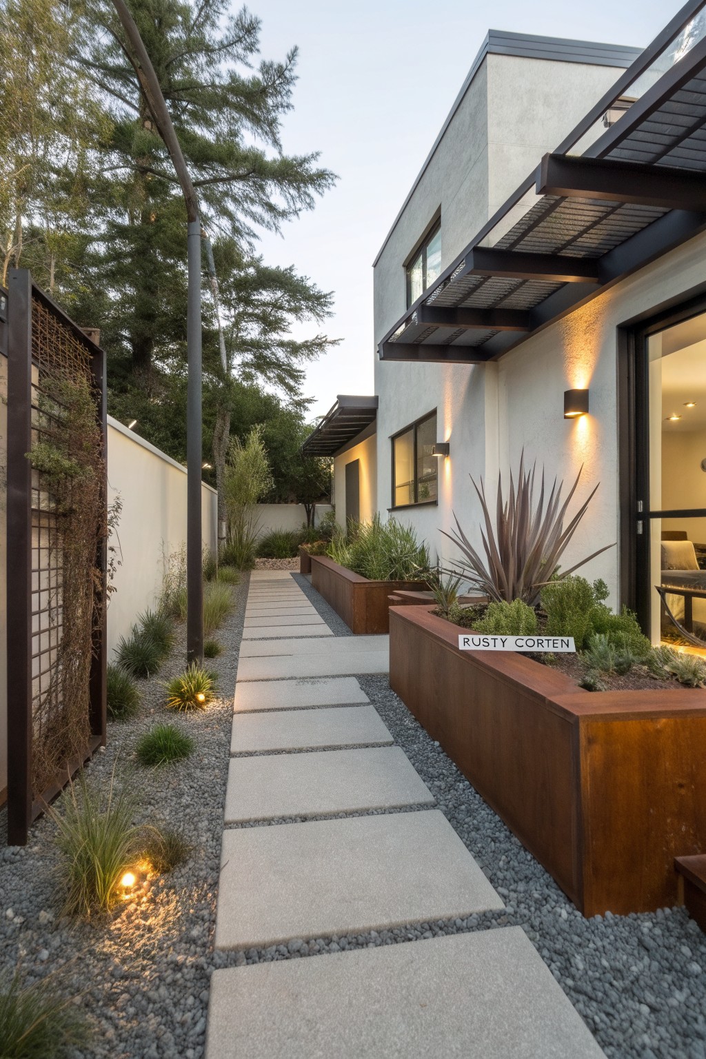 Narrow concrete paver pathway beside a beige stucco house wall, edged by rectangular corten steel planters labeled 