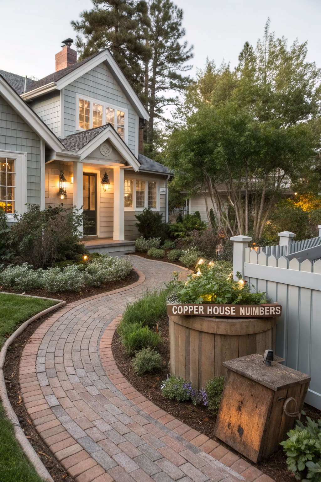 Gray shingle-sided house with a curving brick pathway through front yard garden beds edged in plants and mulch, a white picket fence, wooden planters with flowers, and tall trees at dusk.