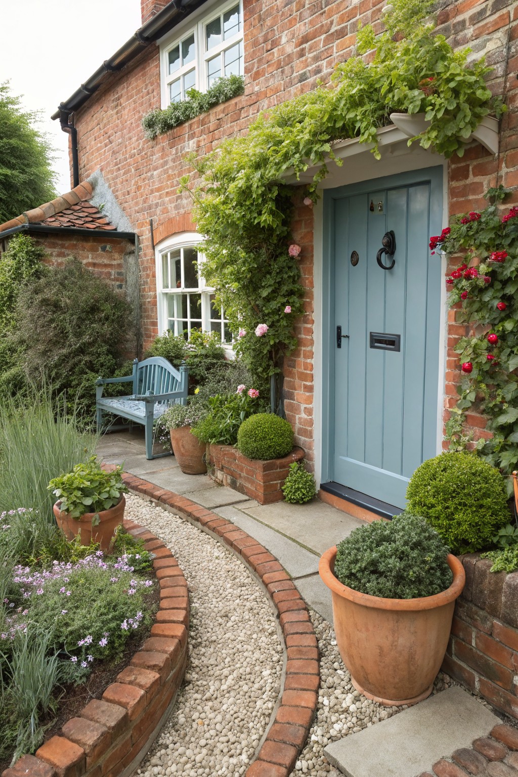 Brick cottage house with light blue front door and climbing plants, featuring a curved gravel path edged in brick amid flower beds, potted shrubs, and a wooden bench.