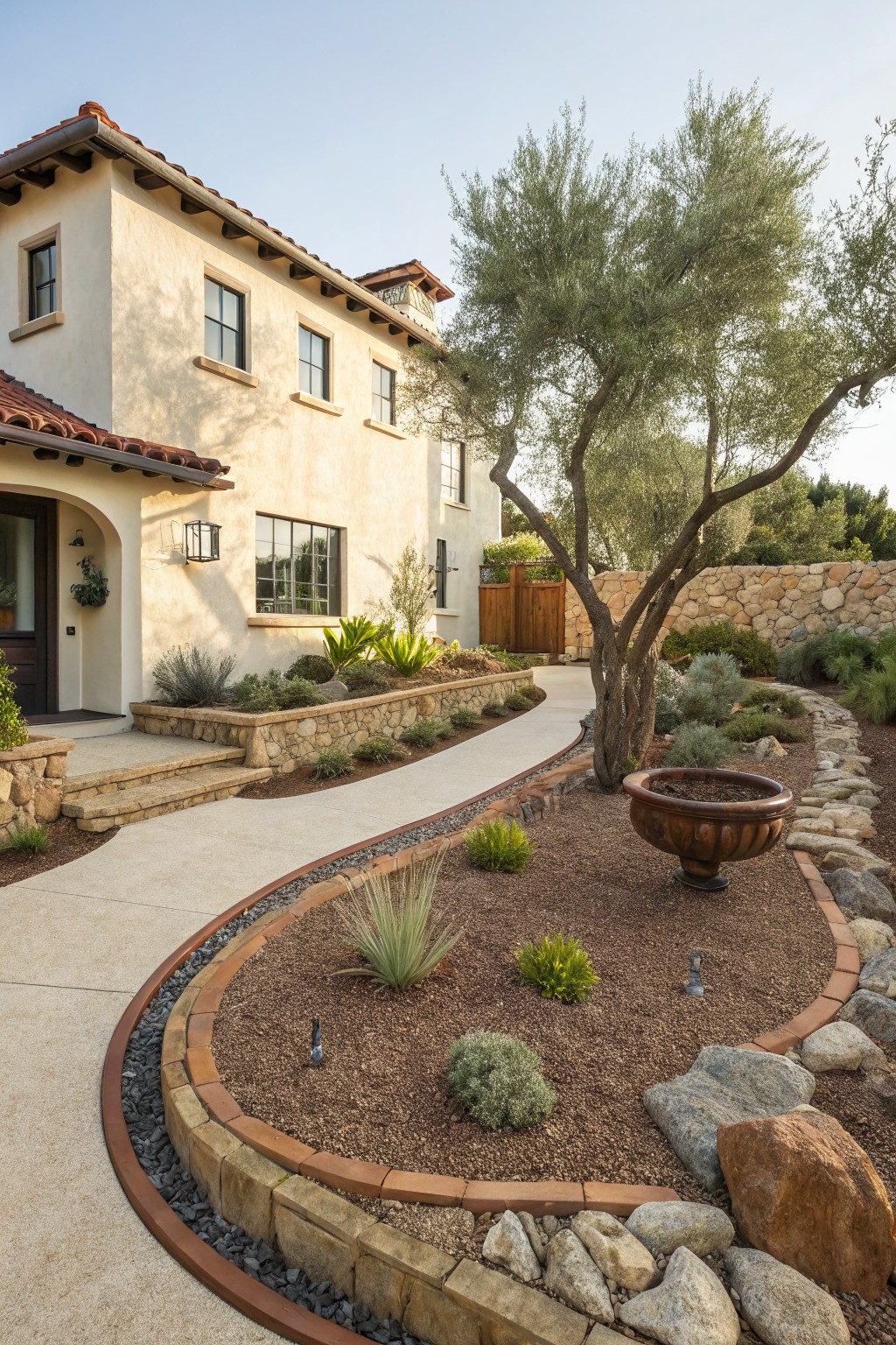 Beige stucco house with arched wooden door and red tile roof beside a curved concrete walkway edged in bricks, rocks, and gravel beds planted with succulents, grasses, and an olive tree.