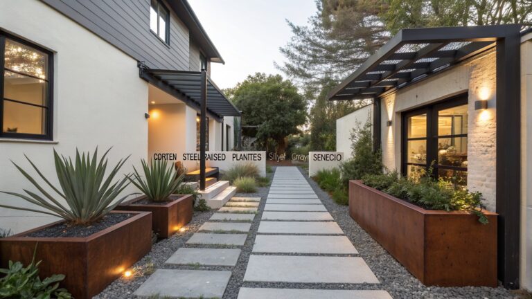 Narrow concrete paver pathway beside a beige stucco house wall, edged by rectangular corten steel planters labeled "Rusty Corten" and filled with succulents, grasses, and gravel ground cover with low-voltage lighting.