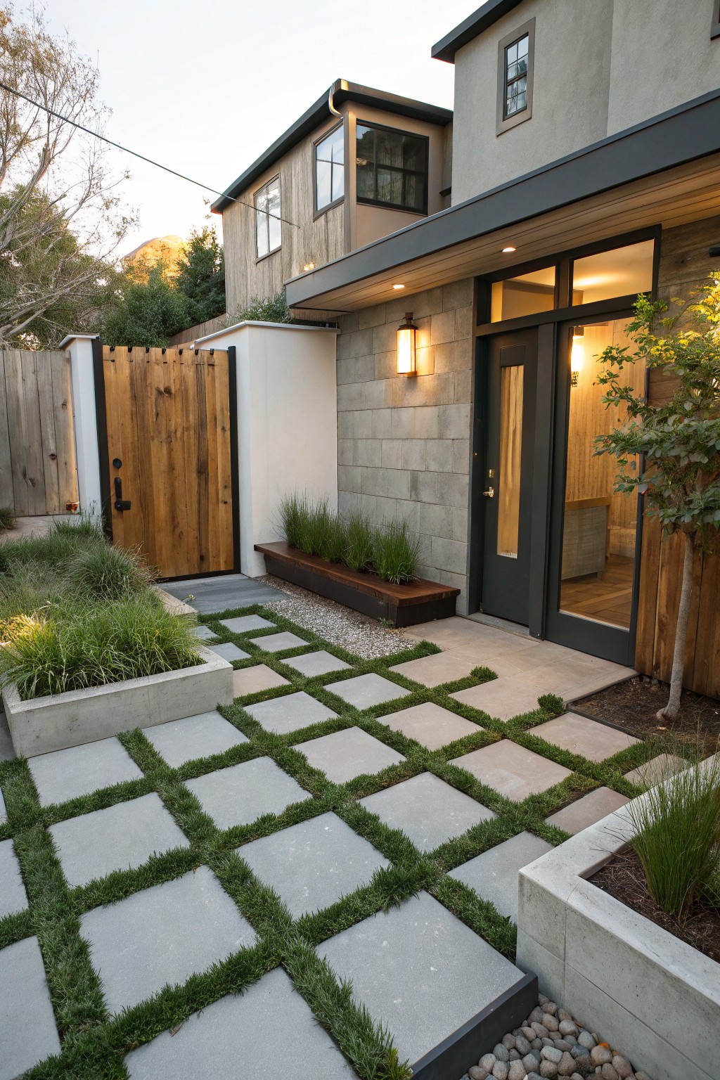 Modern entry courtyard with large square concrete pavers inlaid with grass strips forming a grid pathway, flanked by concrete planters with grasses, a wooden gate, and a glass entry door in a stucco and stone wall.