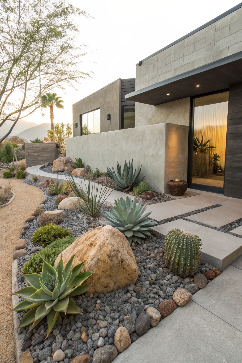 Modern stucco house exterior at dusk with a curved front yard pathway of gravel and concrete pavers edged by large boulders, agave plants, succulents, and cacti leading to a dark wood entry door.