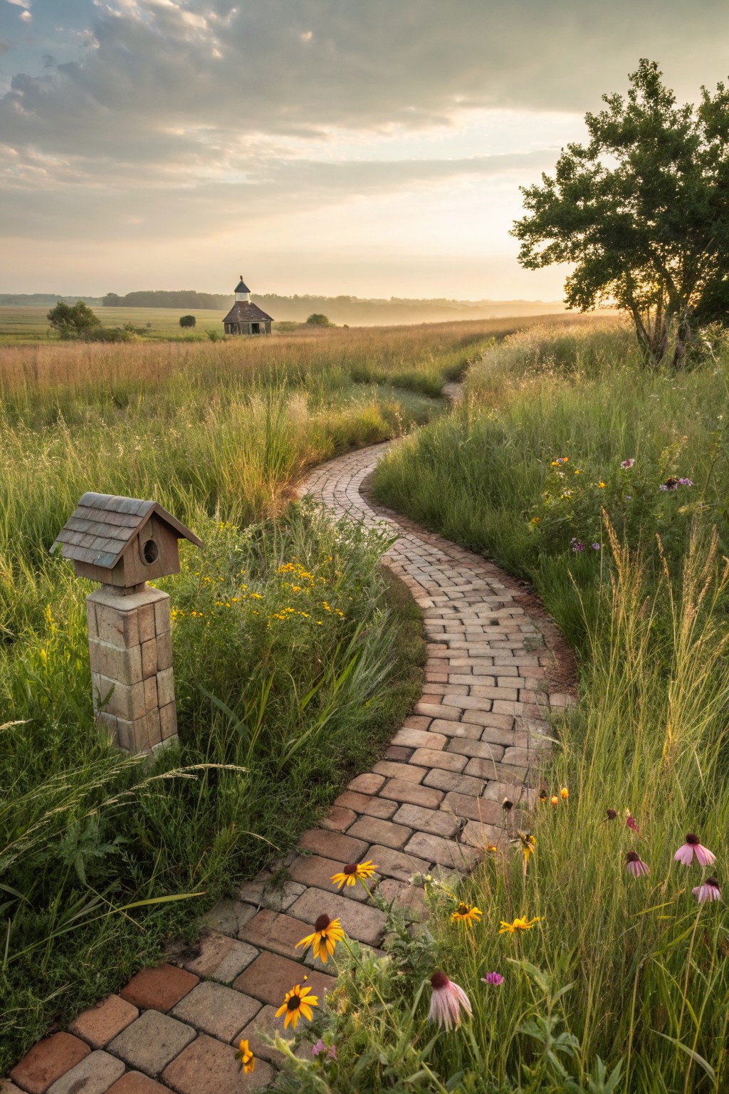 Meandering Brick Paths Through Tall Grasses