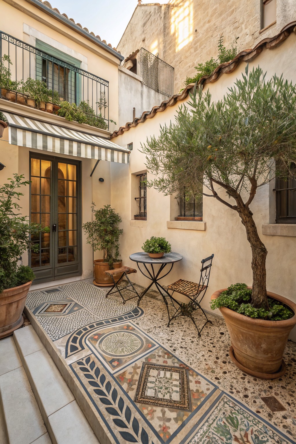Small enclosed courtyard patio featuring intricate multicolored mosaic tile flooring with geometric and floral designs, a round metal table with two bistro chairs, large terracotta pots with olive trees and other plants, and a green-shuttered door in beige stucco walls.
