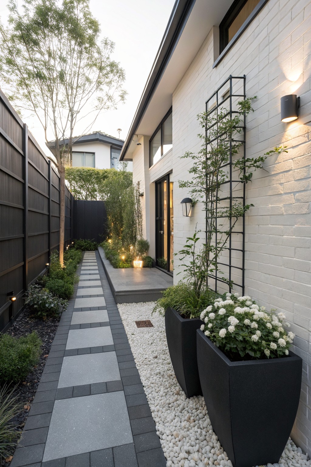 Narrow pathway of dark-bordered light gray pavers leading to a modern white brick house door, flanked by white pebble beds, low green plants, black pots with white flowering shrubs, and black wood fences on both sides.