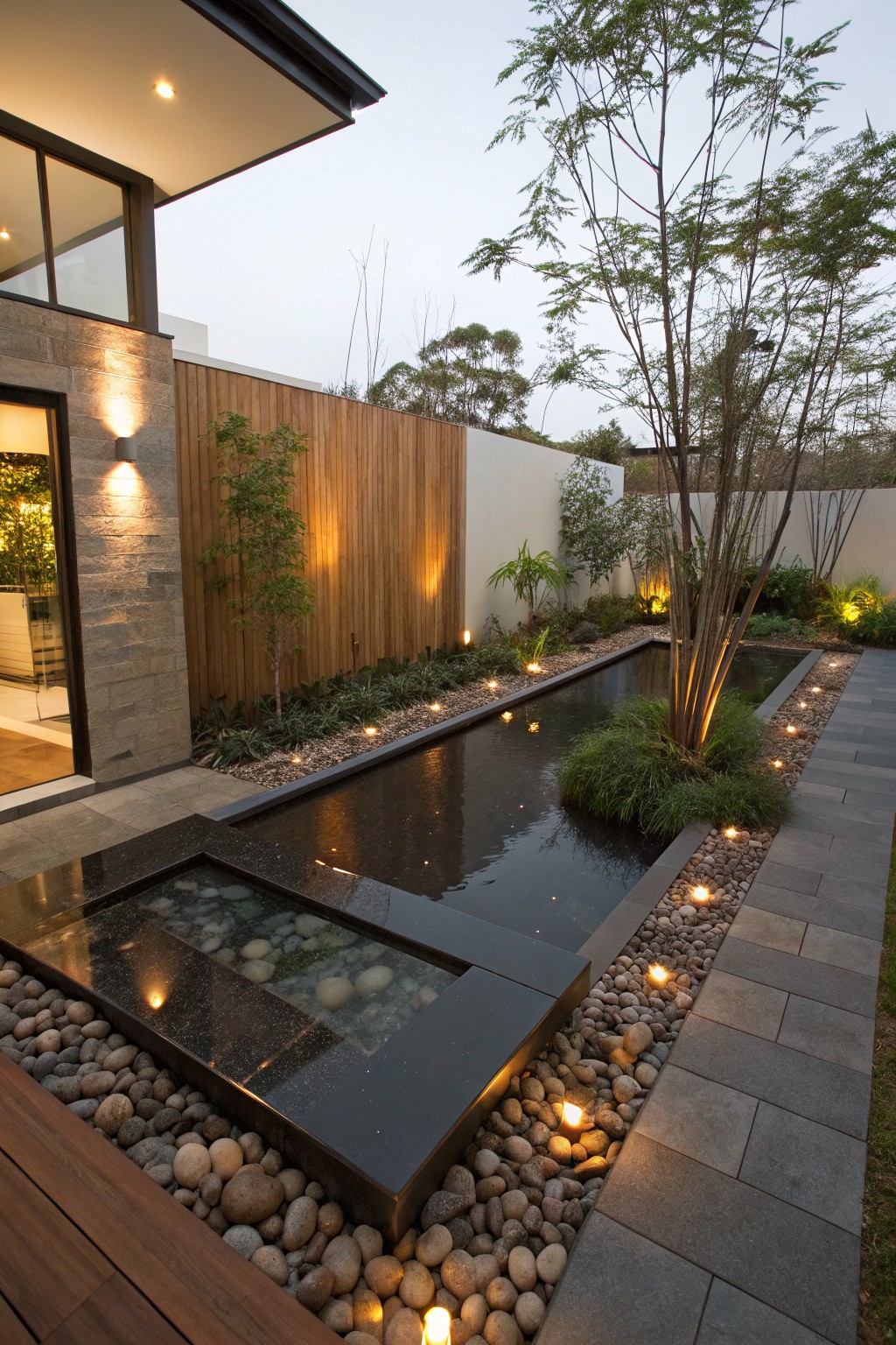 Narrow black reflecting pool parallel to a gray stone path edged with pebbles and low lights, surrounded by plants and trees next to a modern stone house wall at dusk.