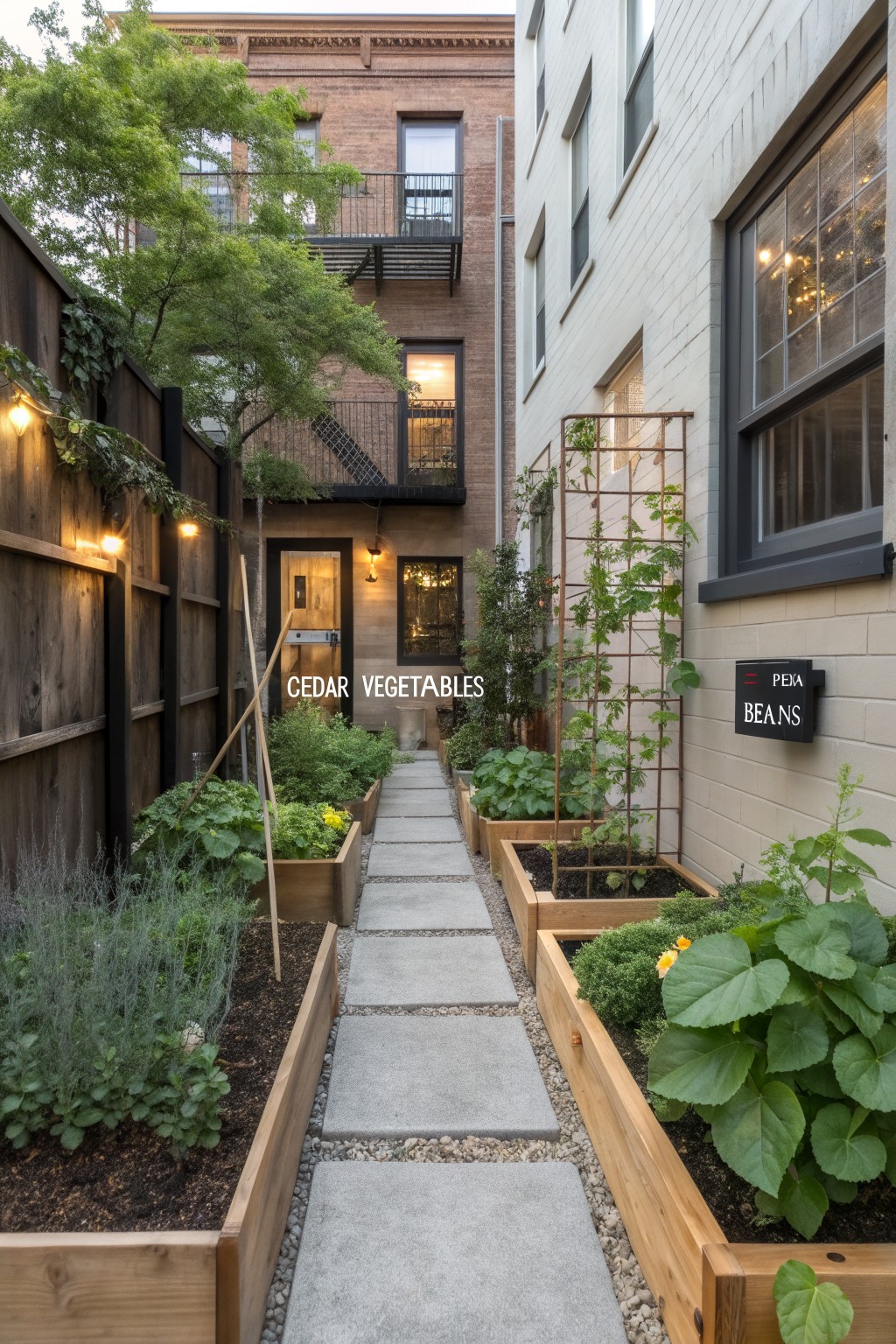 Narrow alleyway garden with wooden raised beds filled with vegetables and herbs along a central stone path, trellises supporting peas and beans, flanked by brick and white buildings with warm lighting.