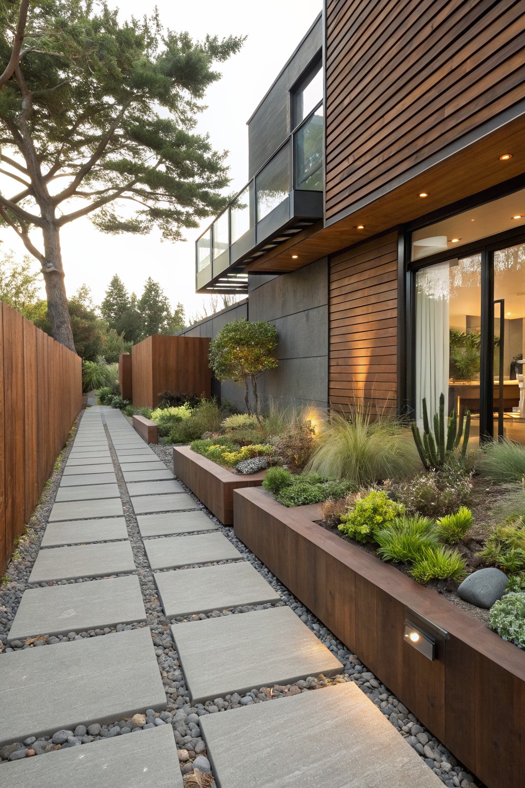 Narrow concrete paver pathway with gravel between stones alongside a modern house with wooden cladding, bordered by tall raised wooden planters filled with grasses, succulents, and small shrubs, fenced on one side with trees in the background.